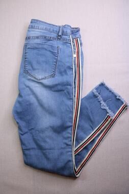 Romeo + Juliet Couture Jeans Large Stripe Skinny Straight High Rise Raw Hem Blue